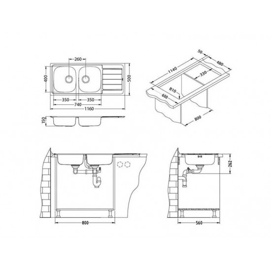 ALVEUS LINE 100 NAT-90 1160X500 2X  нерж.сталь