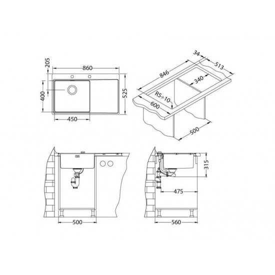 ALVEUS PURE 50R KMB-90 860X5251X правая  нерж.сталь
