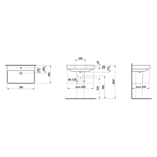 Раковина Laufen Pro S 70 см без отверстия для смесителя с отверстием перелива 8.1096.7.000.109.1 Staron