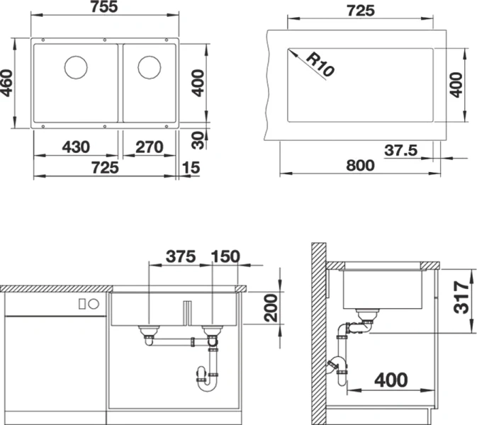 Мойка для кухни Blanco Subline 430/270-U 75 см антрацит 523151