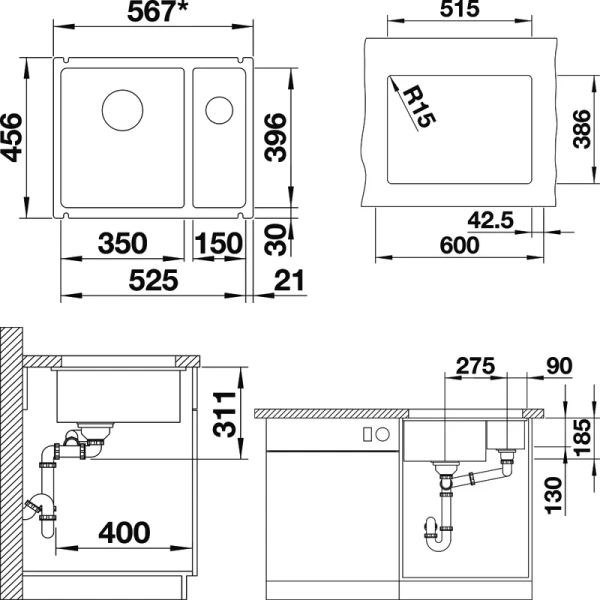 Мойка для кухни Blanco Subline 350/150-U 55.5см