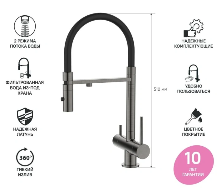 Смеситель для питьевой воды IDDIS Ace с гибким изливом графит ACEGMFFi05