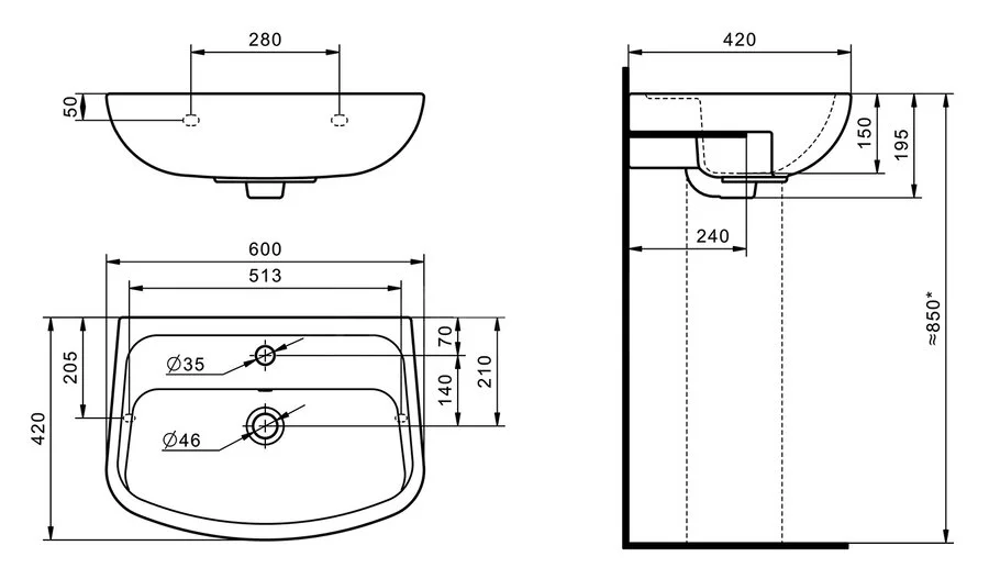 Раковина Santek Лонги 60 см белая 1.WH50.1.756