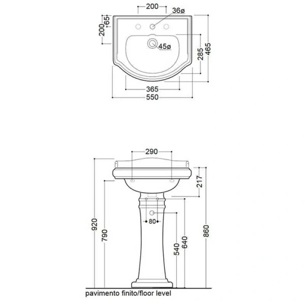 Раковина Kerasan Retro 55 см белая, с 1 отверстием под смеситель 104501*1