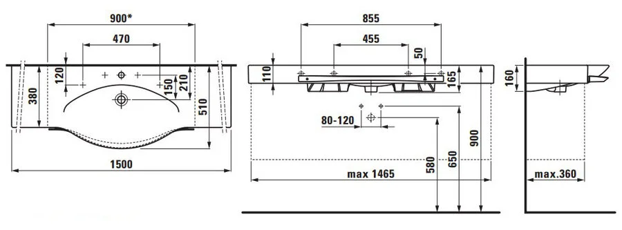 Раковина Laufen Palace 150 см подвесная, с 1 отверстием для смесителя 8.1170.6.000.104.1