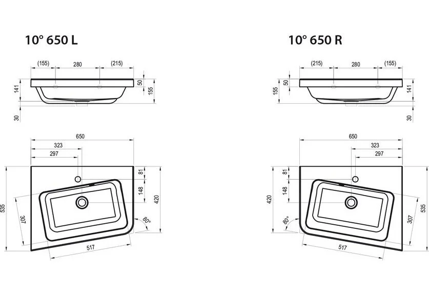 Умывальник угловой Ravak 10° XJIP1165000, XJIL1165000