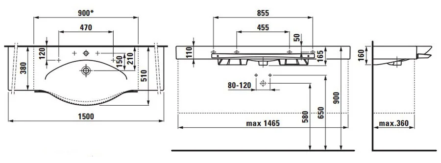 Раковина Laufen Palace 8.1270.6.000.10 150 см с полотенцедержателем