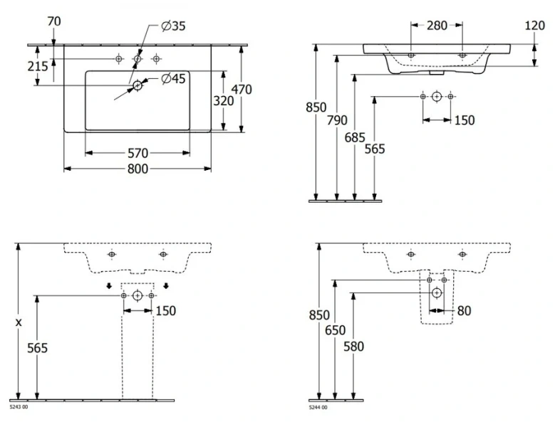 Раковина Villeroy & Boch Subway 3.0 80 см белая 4A708001
