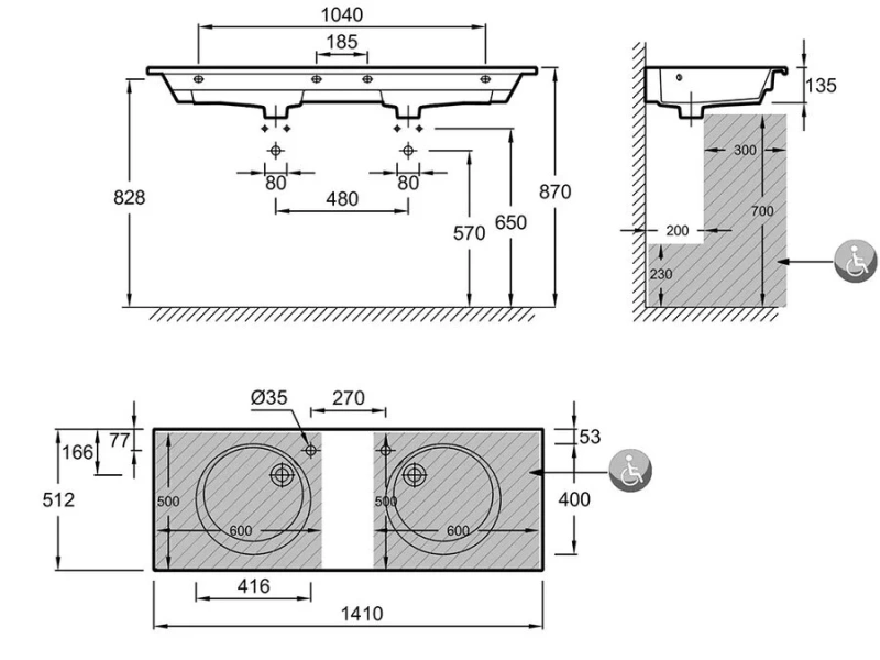 Раковина Jacob Delafon Odeon Rive Gauche 141 см с гладкой нижней поверхностью EXAS112-Z-00