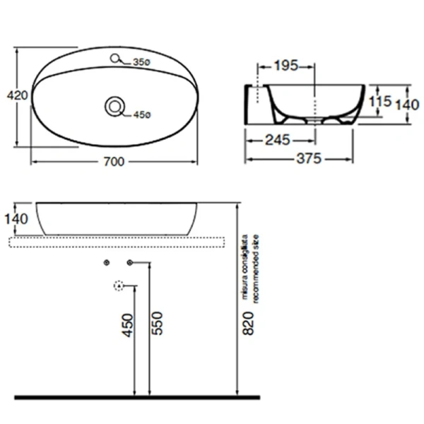 Раковина Azzurra Elegance 70 см овальная ELLA070420CMBI/(ECI70M bi)*1