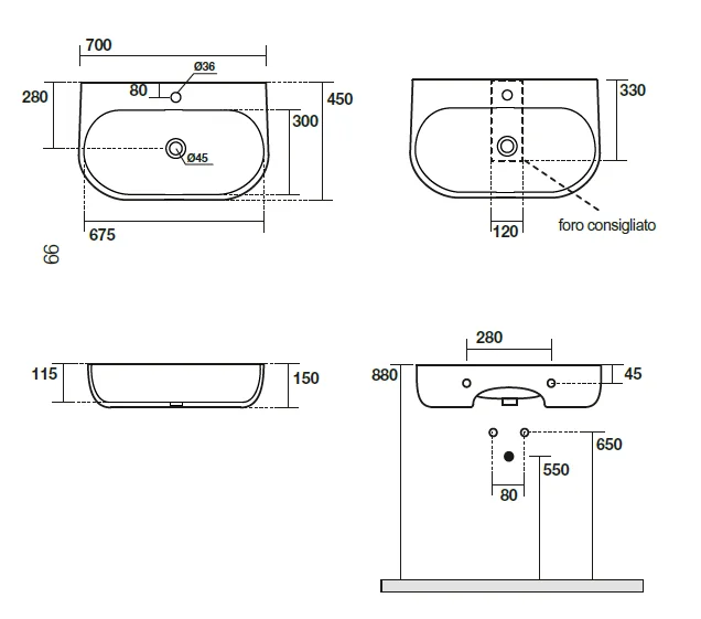 Раковина Kerasan Nolita 5342 70 см с 1 отверстием под смеситель