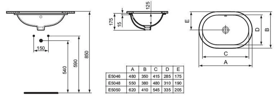 Раковина Ideal Standard Connect 62 см овальная, встраиваемая под столешницу E505001 Staron