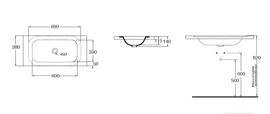 Раковина Azzurra Glaze 69 см встраиваемая GLLT06938000BI (GLZ 69x38/SP bi)