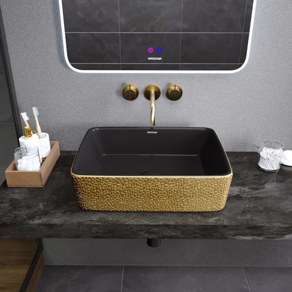 Раковина Grossman Color 48 см золото/черная с текстурой кожи GR-3016GBL Staron