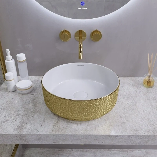 Раковина Grossman Color 35.5 см золото/белая с текстурой кожи GR-5010GWL Staron