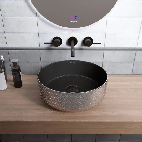 Раковина Grossman Color 35.5 см серебро/черная с геометричной текстурой GR-5010SBR Staron