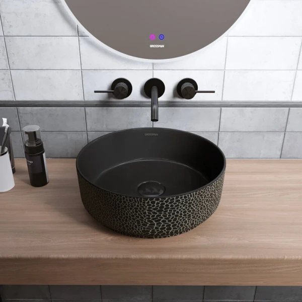 Раковина Grossman Color 35.5 см черная с текстурой кожи GR-5010BBL Staron
