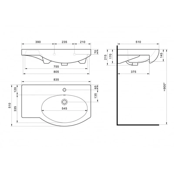 Раковина Santek Коралл 83 см крыло справа 1.WH11.0.228